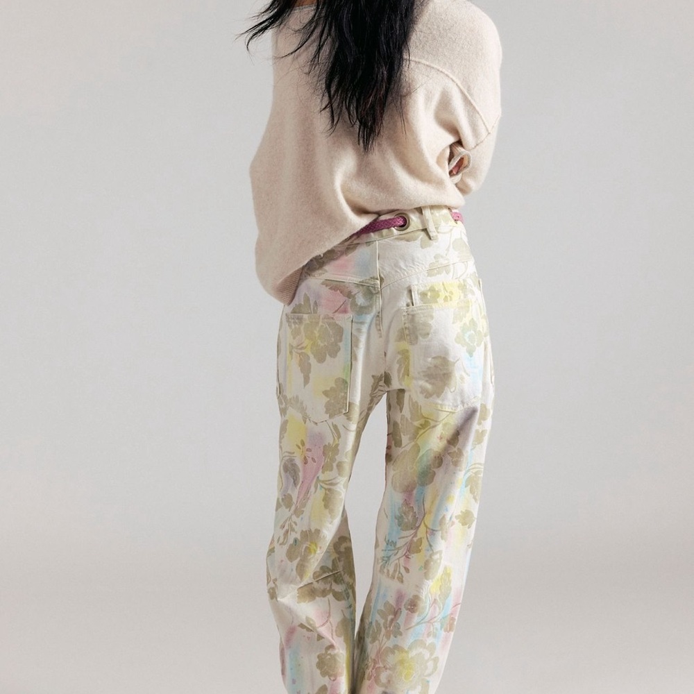 NWT We The Free People Moxie Printed Floral Flocked Barrel Jeans Size 27 w/ Belt - Picture 4 of 13